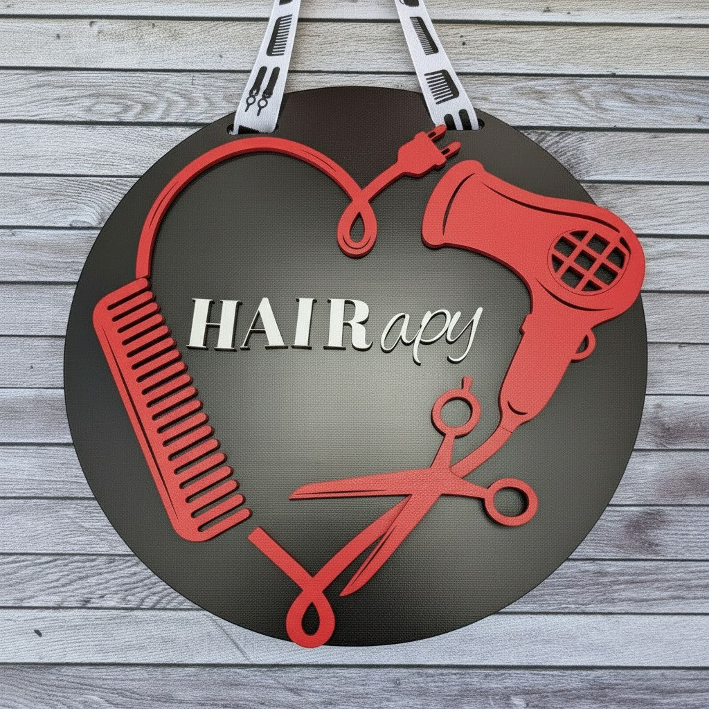 C2 Creative Crafts Hair Salon "Hairapy" sign with comb, scissors, hairdryer, and plug forming a heart on a black circular base.
