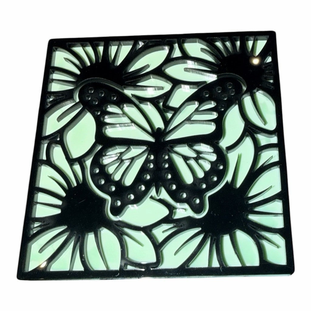 C2 Creative Crafts black laser-cut acrylic butterfly and sunflower magnet, 3-inch square with light green backing.