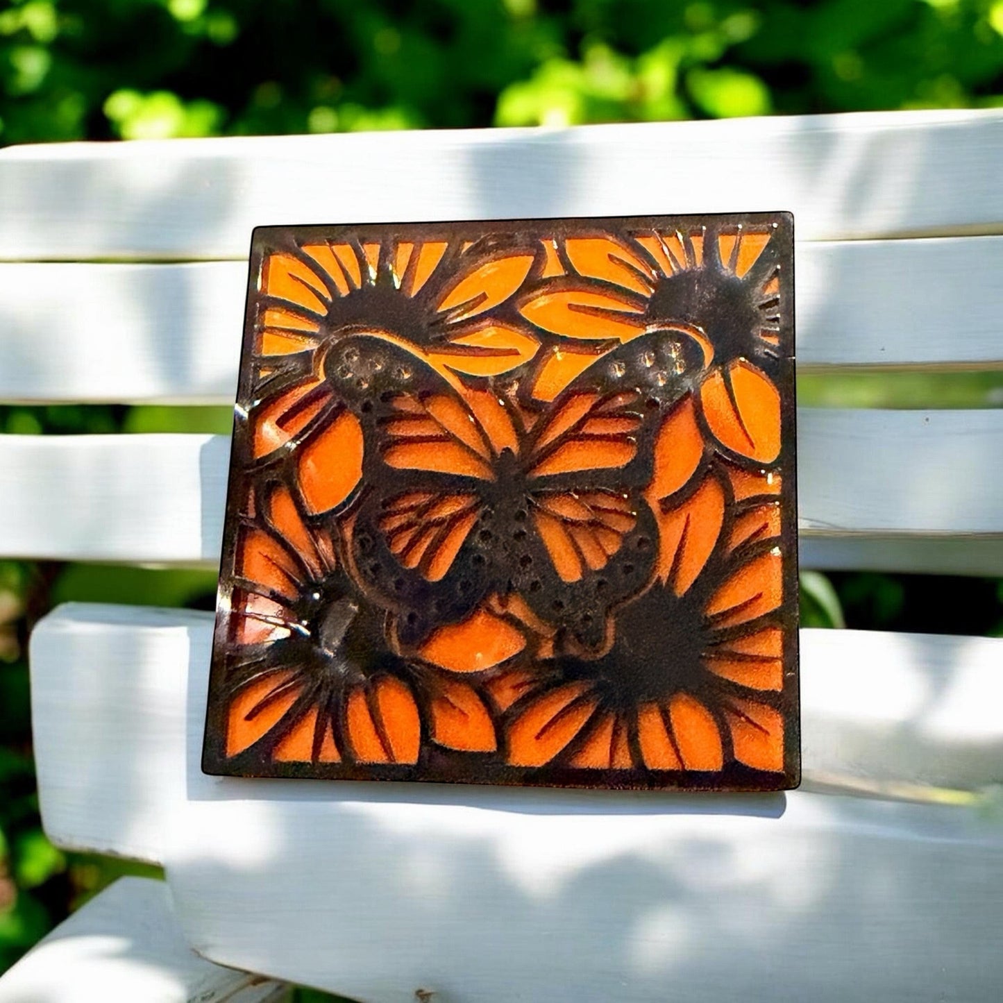 C2 Creative Crafts orange butterfly and sunflower decorative paper craft element, 3x3 inches.