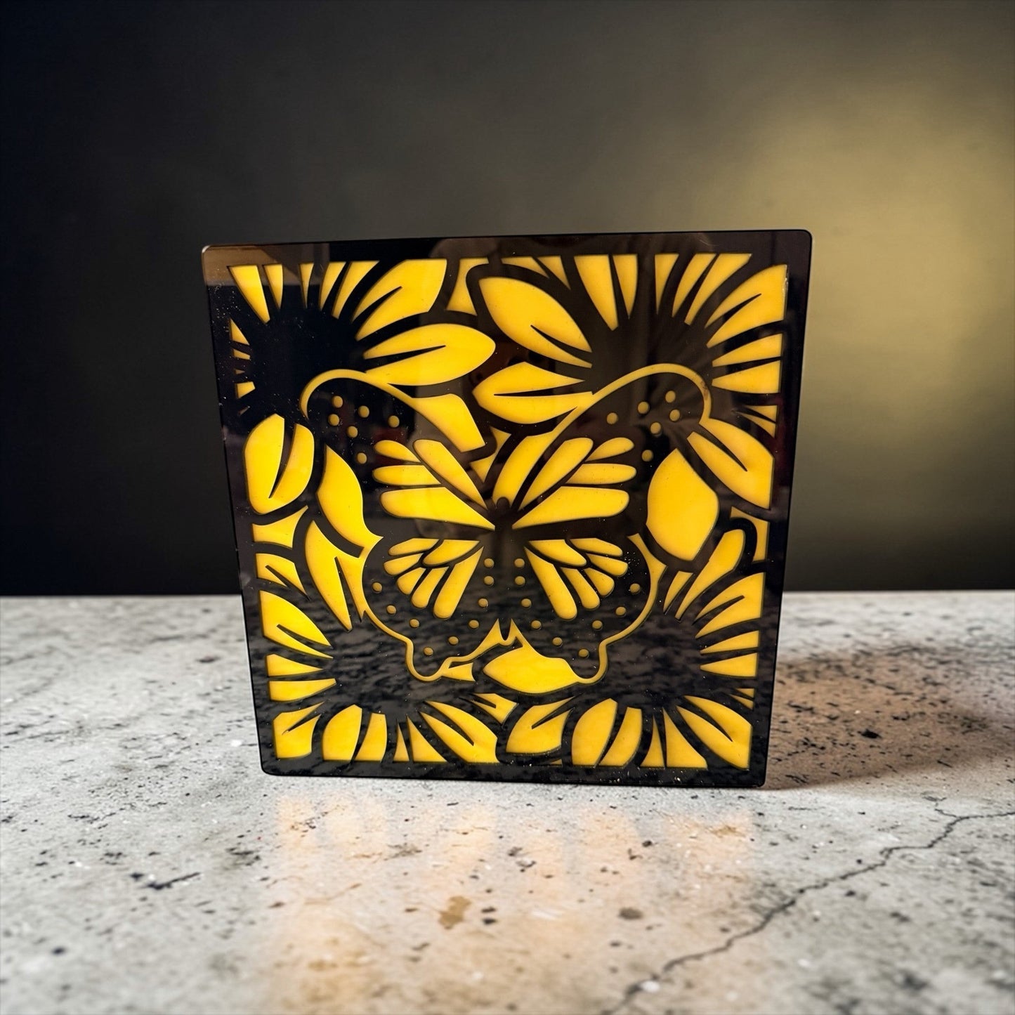 C2 Creative Crafts yellow and black butterfly and sunflower paper craft element, 3x3 inches.