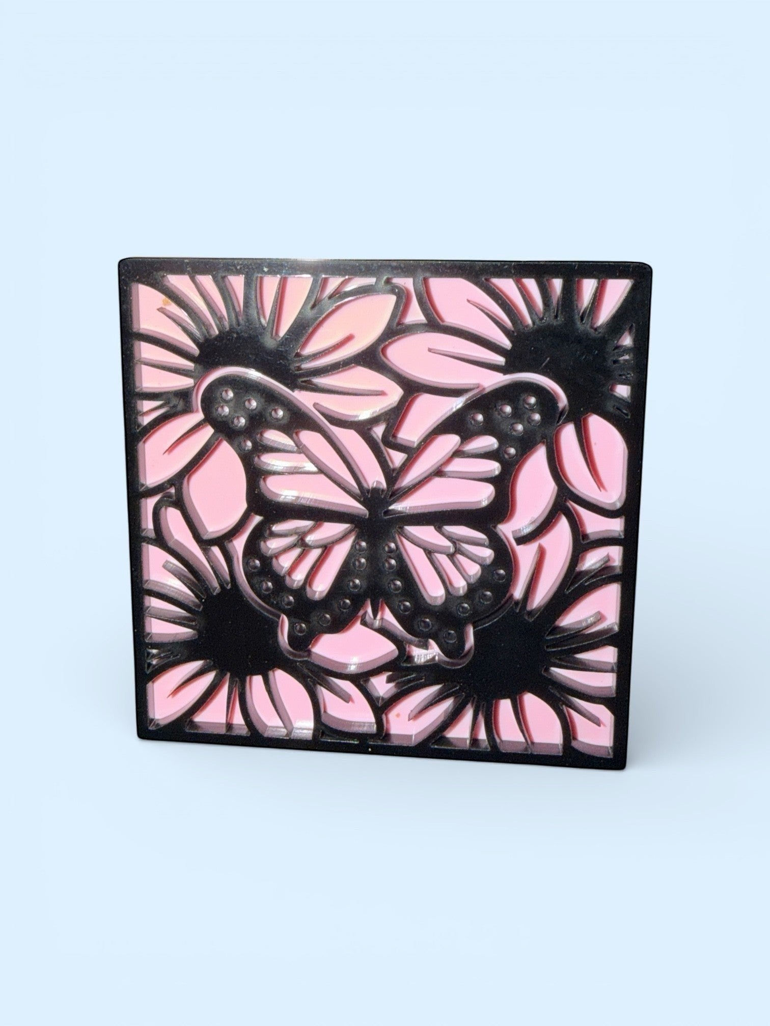 C2 Creative Crafts pink and black butterfly and sunflower decorative paper craft element. Intricate cutwork.
