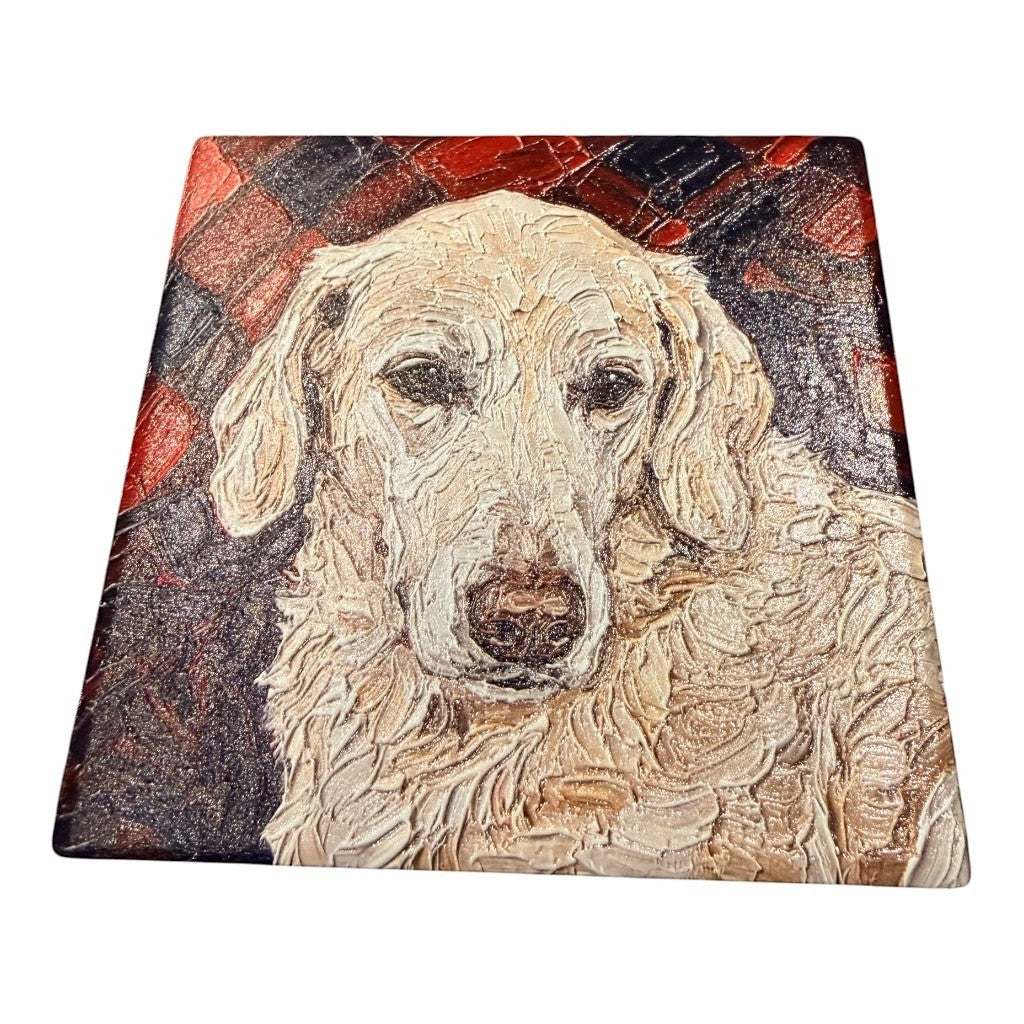 C2 Creative Crafts custom pet portrait artwork on ceramic tile featuring a golden retriever with a textured, impasto-style finish against a red and black checkered background.