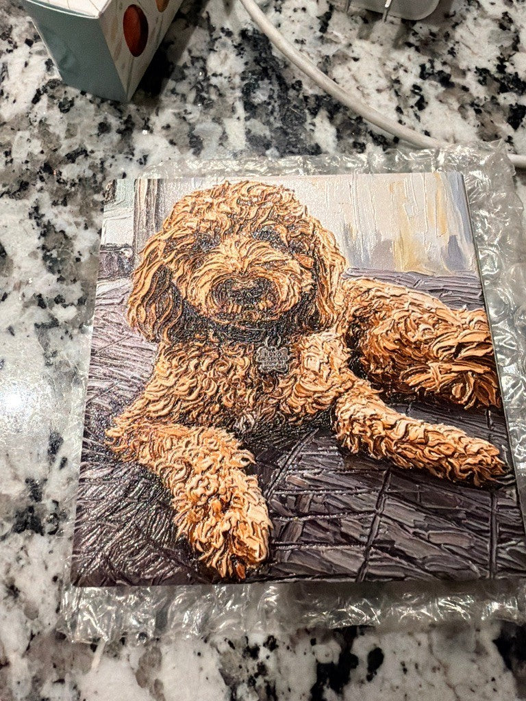 C2 Creative Crafts custom pet portrait artwork on ceramic tile, featuring a fluffy golden doodle dog with curly fur.