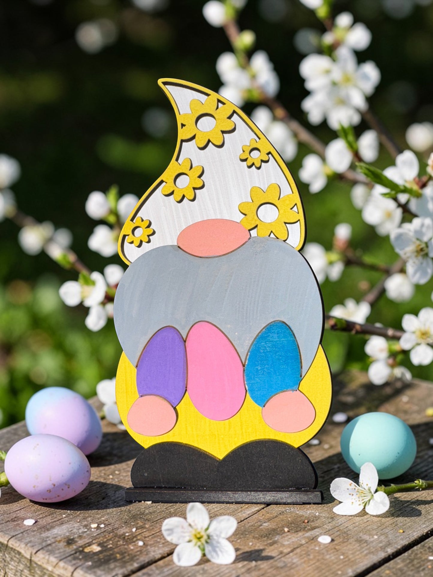 C2 Creative Crafts Easter Gnome Figure with pastel hat, grey beard, and colorful egg accents. Handmade wooden decor.