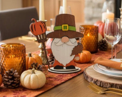 C2 Creative Crafts wooden fall gnome shelf sitter with a brown hat, white beard, and pumpkin accents. Perfect for autumn décor.