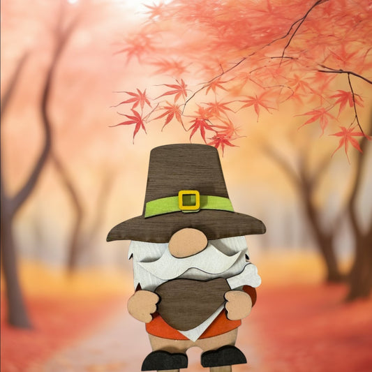 C2 Creative Crafts wooden fall gnome shelf sitter with brown hat, white beard, and orange shirt.