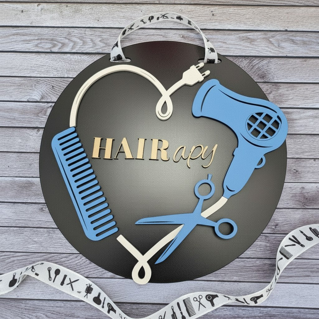 C2 Creative Crafts Hair Salon Decorative Door Sign with "Hairapy" text, comb, scissors, and hairdryer in pastel blue and wood tones.