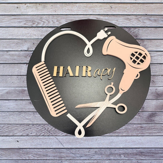 C2 Creative Crafts Hair Salon "Hairapy" sign with comb, scissors, hairdryer, and plug forming a heart shape.