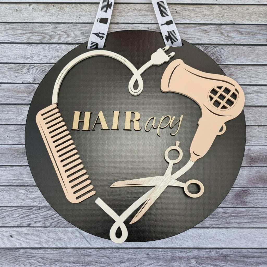 C2 Creative Crafts Hairapy heart-shaped salon sign with comb, hairdryer, scissors, and plug details.