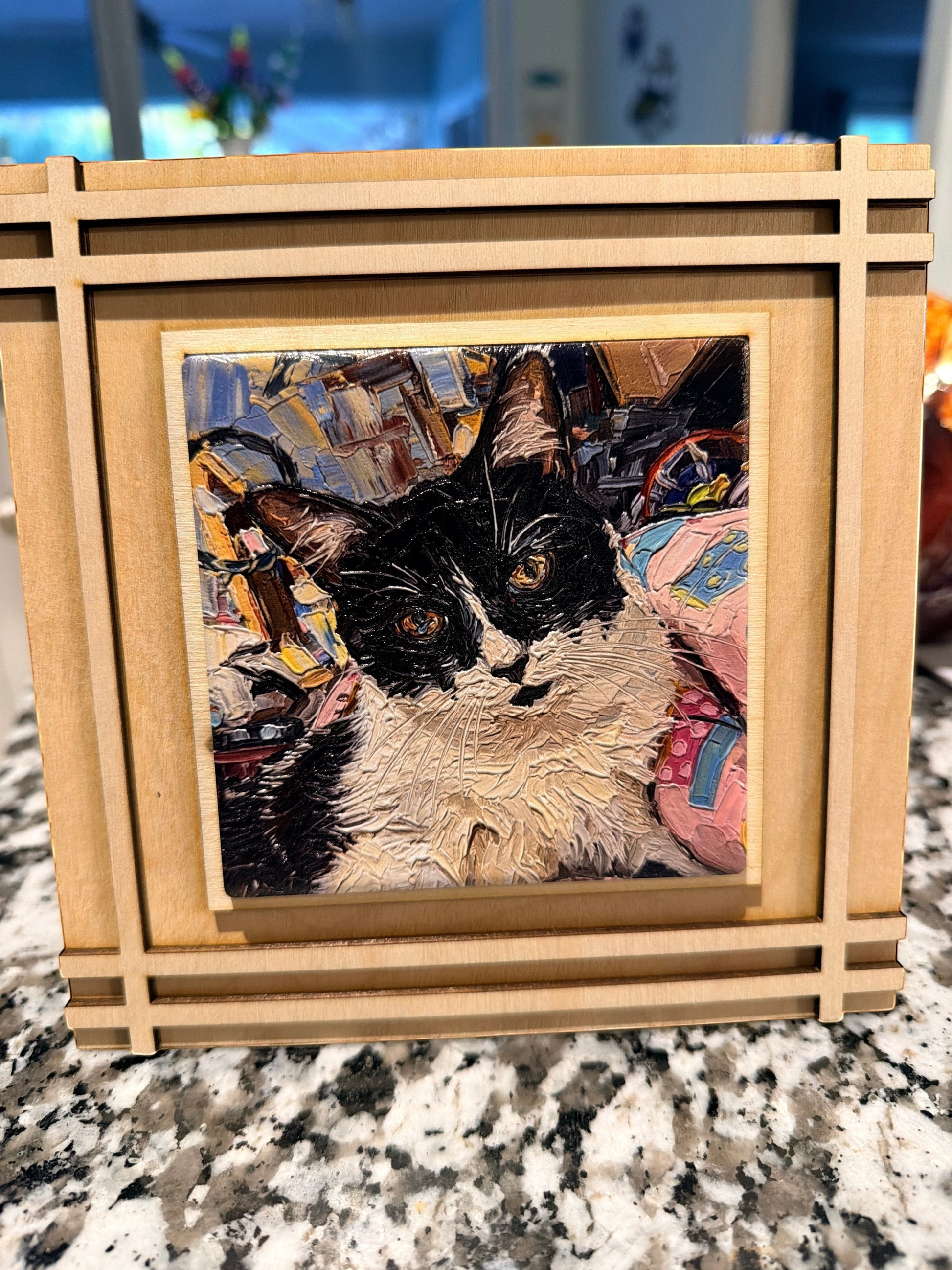 C2 Creative Crafts custom pet portrait ceramic tile artwork of a black and white cat with yellow eyes, framed in wood.