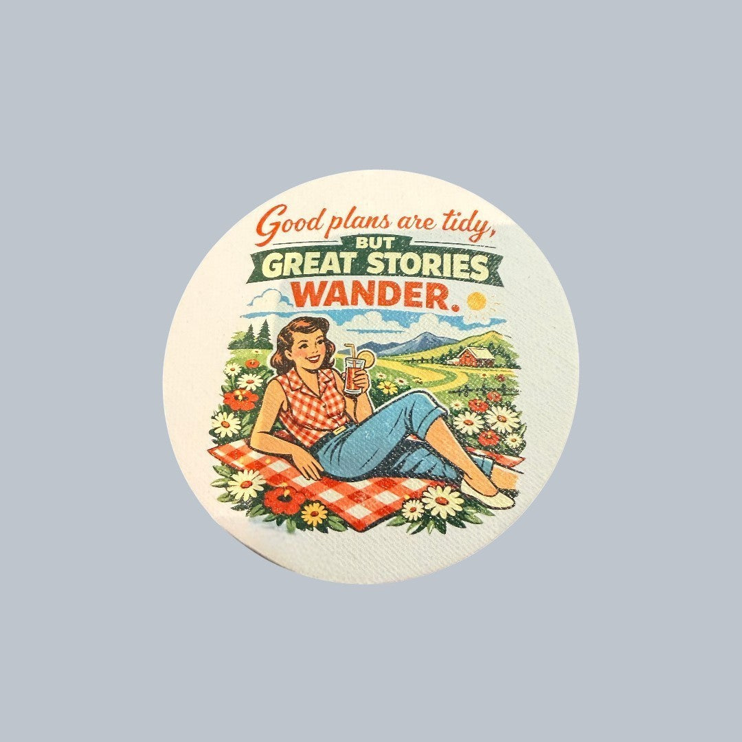 C2 Creative Crafts round decal of a woman in a red plaid shirt and blue jeans enjoying a picnic with a drink.