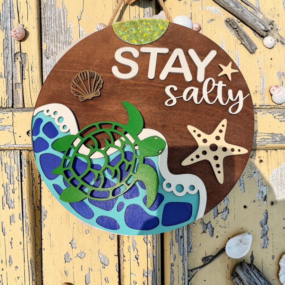 C2 Creative Crafts wood door hanger with "STAY salty" text, green sea turtle, waves, starfish, and sun.