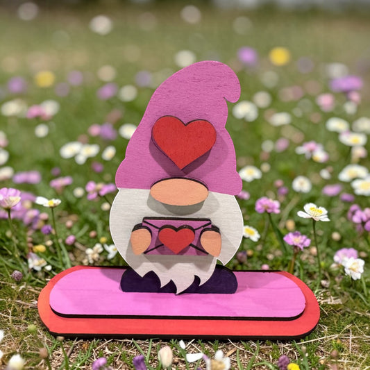 C2 Creative Crafts Valentine Gnome shelf sitter, hand-painted birch wood with pink hat, red heart, white beard, holding a letter with a heart.