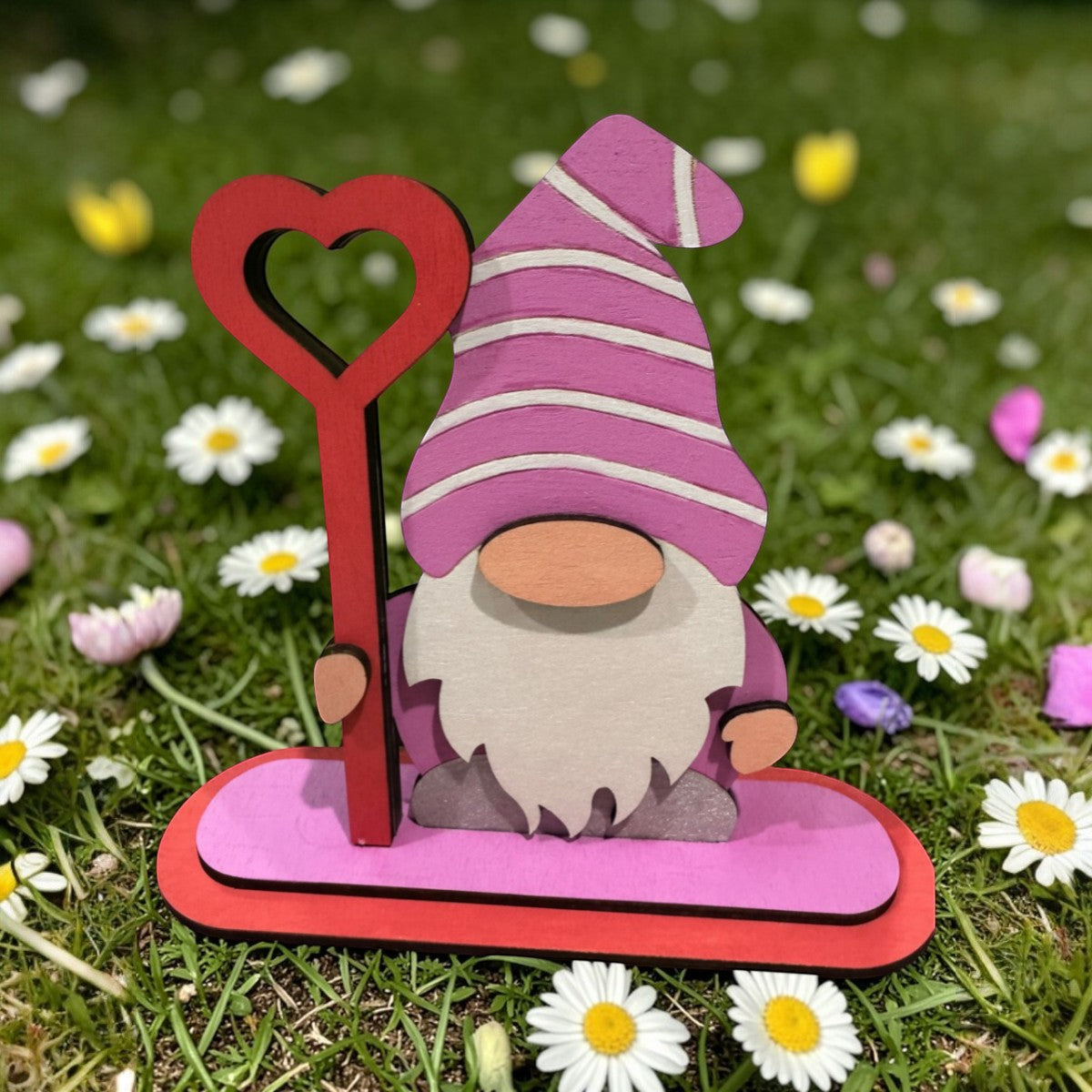 C2 Creative Crafts Valentine Gnome Shelf Sitter, hand-painted wood with pink striped hat and heart.
