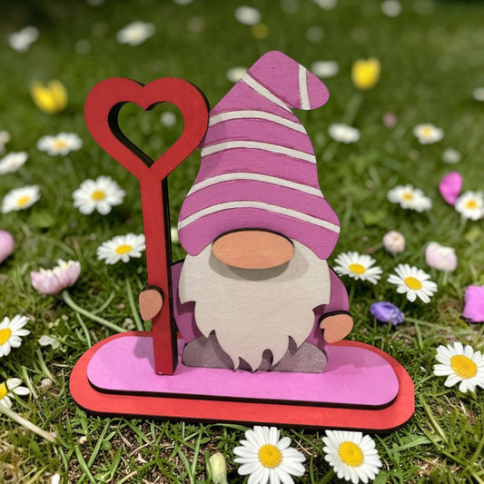 C2 Creative Crafts Valentine Gnome Shelf Sitter, hand-painted wood with pink striped hat and heart.