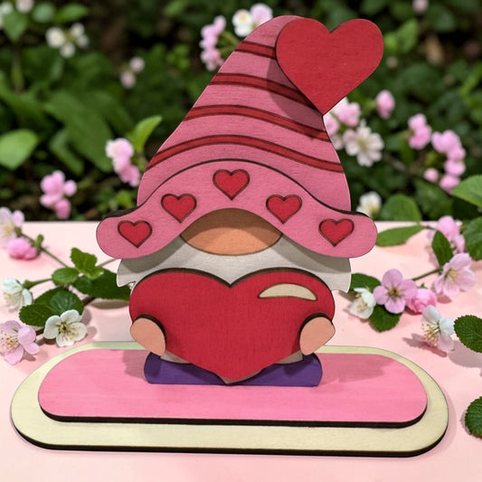C2 Creative Crafts Valentine Gnome Shelf Sitter, hand-painted birch wood with pink striped hat and heart accents, holding a red heart.